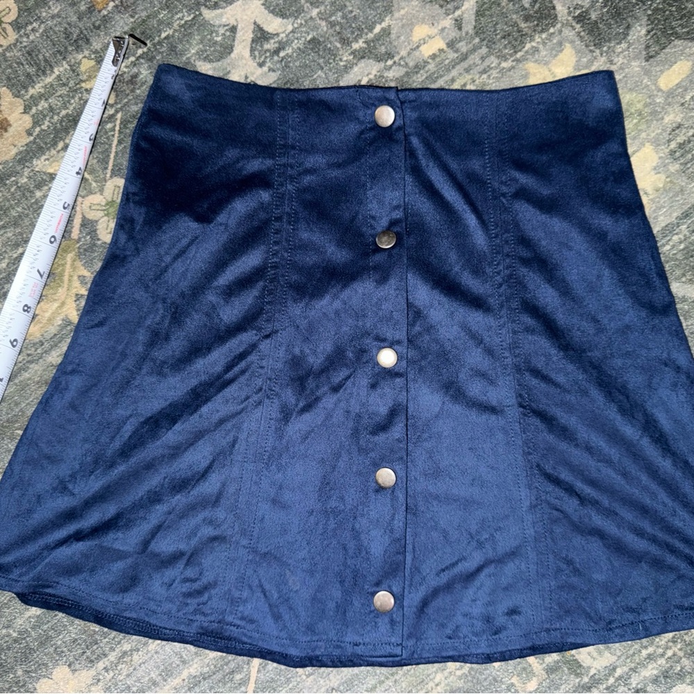 Button-Front Navy Suede A-Line Skirt